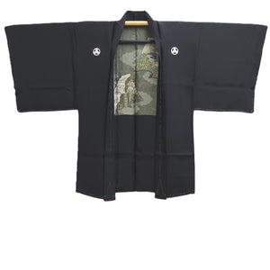 Men's Haori Vintage(1950-1980) Black Montsuki Landscape Silk #10412A2