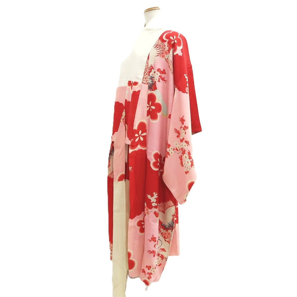 Juban Vintage(1950-1980) Red Pink Crane Birds Silk #10505B1