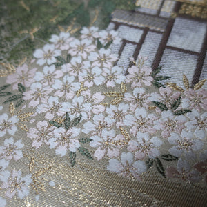 BB10015AB Silk Obi Fabric Zen Temple Landscape Gold Green 63.4x11.0in(161x28cm)