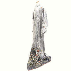 Kimono Gray White Black Chrysanthemum Branch Tall Silk #9936B5