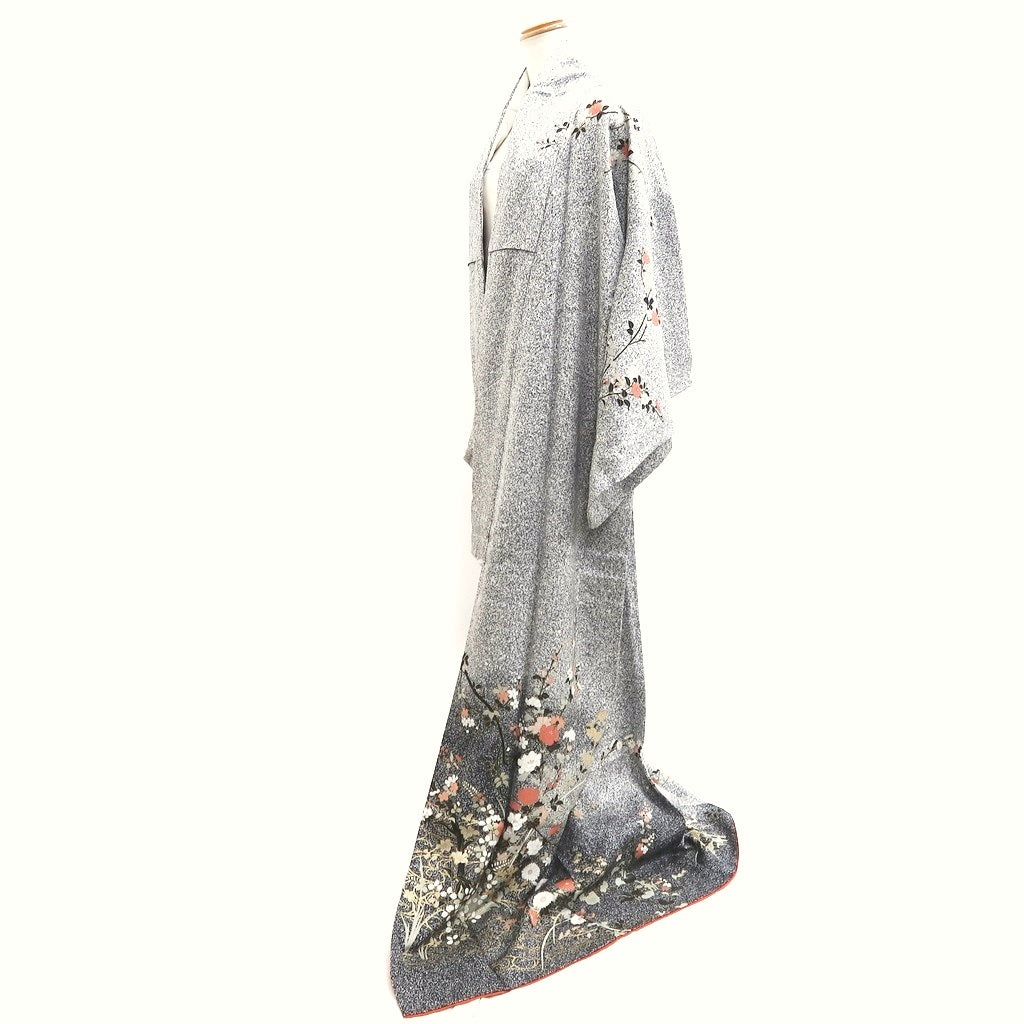 Kimono Gray White Black Chrysanthemum Branch Tall Silk #9936B5