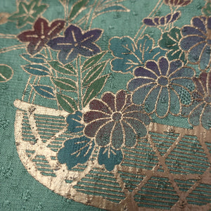 Silk Japanese Obiage Chrysanthemum Green Gold 70.1x11.4in(178x29cm) A#10040