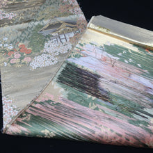Load image into Gallery viewer, BB10015AB Silk Obi Fabric Zen Temple Landscape Gold Green 63.4x11.0in(161x28cm)
