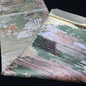 BB10015AB Silk Obi Fabric Zen Temple Landscape Gold Green 63.4x11.0in(161x28cm)