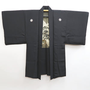 Men's Haori Vintage(1950-1980) Black Montsuki Habutae Mt. Fuji Silk #9819B1