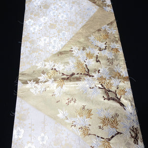 BB10066AE Silk Obi Fabric Maple Leaf Cherry Blossom White Gold 55.5x11.0in(141x28cm)