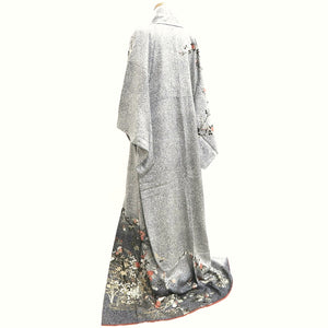 Kimono Gray White Black Chrysanthemum Branch Tall Silk #9936B5