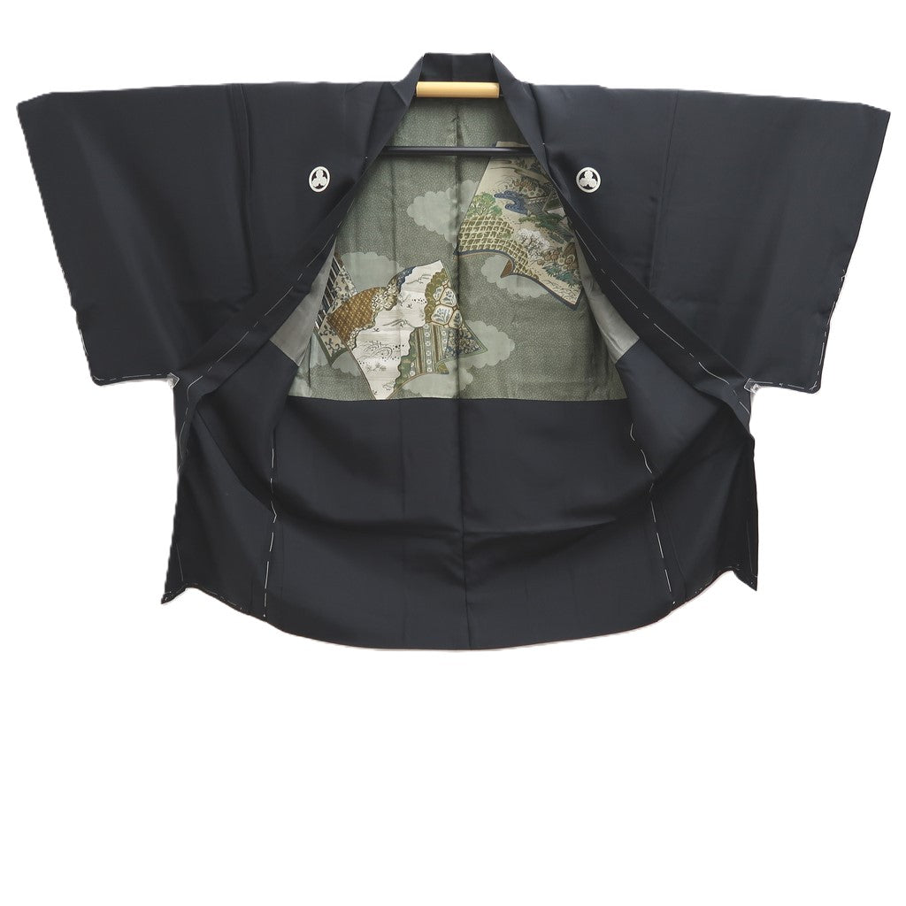 Men's Haori Vintage(1950-1980) Black Montsuki Landscape Silk #10412A2