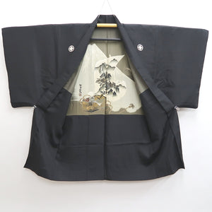 Men s Haori Vintage 1950 1980 Black Montsuki Habutae Mt. Fuji Silk 9 Mikula Kimono