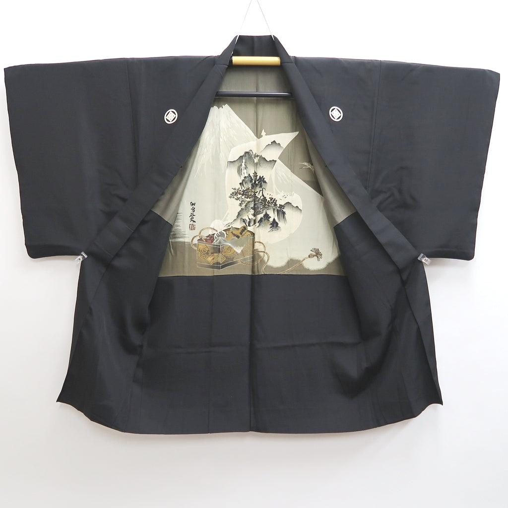 Men's Haori Vintage(1950-1980) Black Montsuki Habutae Mt. Fuji Silk #9819B1