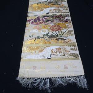 BB10046AD Silk Obi Fabric Crane Birds Gold Yellow 75.2x12.2in(191x31cm)
