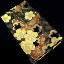 Load image into Gallery viewer, Fukuro Obi Black Gold Vermillion Butterfly Plum blossom Silk BB343W1
