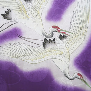 Kimono Vintage(1920-1950) Purple Crane Birds Hand painted Silk #9671J3