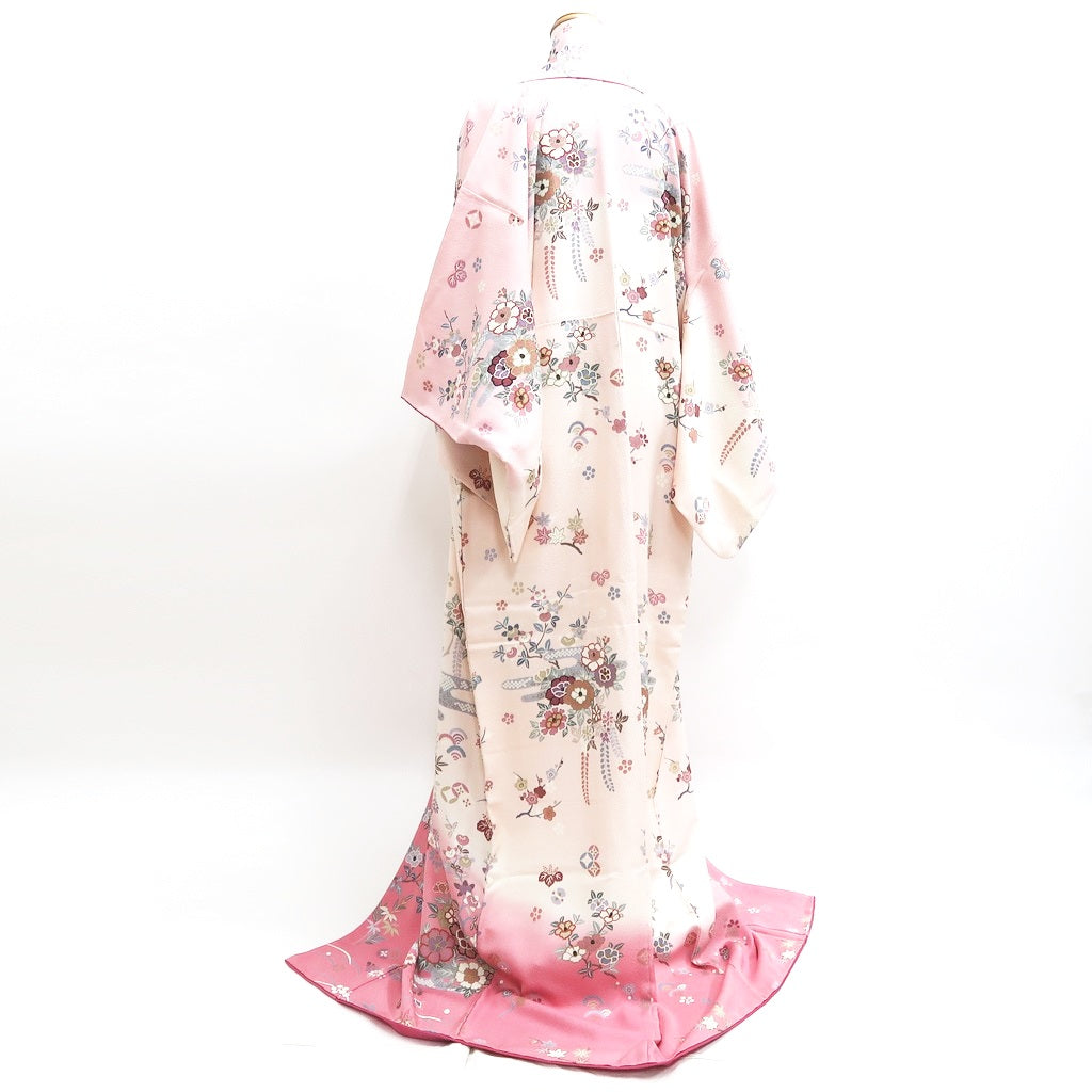 Kimono Pink Plum blossom Peony Wisteria Silk #9926B4