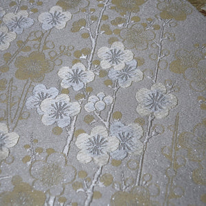 BB10066AE Silk Obi Fabric Maple Leaf Cherry Blossom White Gold 55.5x11.0in(141x28cm)