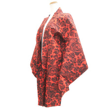 Load image into Gallery viewer, Haori Jacket Vintage(1920-1950) Vermillion Black Meisen Floral pattern Silk #11034A2
