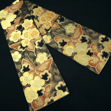 Load image into Gallery viewer, Fukuro Obi Black Gold Vermillion Butterfly Plum blossom Silk BB343W1
