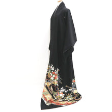 Load image into Gallery viewer, Tomesode Black Chrysanthemum Folding Fan Cherry Blossom Silk #10393F5
