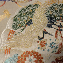 Load image into Gallery viewer, BB10036AC Silk Obi Fabric Vintage(1920-1950) Crane Birds Gold Green 76.8x10.6in(195x27cm)
