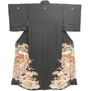 Tomesode Vintage(1920-1950) Black Crane Birds Hand painted Silk #10494B1