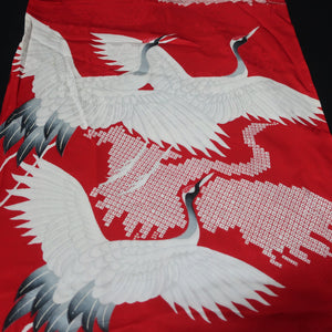KK1490A2 Silk Kimono Fabric Vintage(1950-1980) Crane Birds Red 56.3x11.4in(143x29cm)