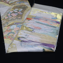 Load image into Gallery viewer, BB10005AB Silk Obi Fabric Crane Birds White Gold 52.4x10.6in(133x27cm)
