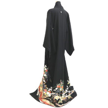 Load image into Gallery viewer, Tomesode Black Chrysanthemum Folding Fan Cherry Blossom Silk #10393F5
