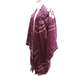 Haori Jacket Vintage(1920-1950) Wine red Shibori Rose Long Silk #9959C1