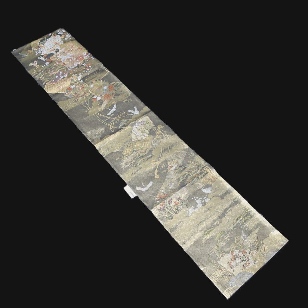 BB10006AB Silk Obi Fabric Crane Birds Gold 58.7x11.0in(149x28cm)