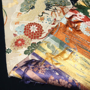 BB10036AC Silk Obi Fabric Vintage(1920-1950) Crane Birds Gold Green 76.8x10.6in(195x27cm)