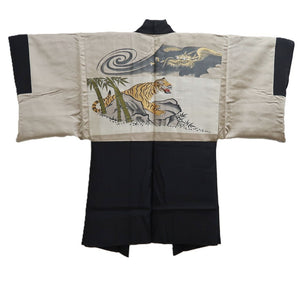 Men's Haori Vintage(1950-1980) Black Montsuki Dragon Tiger Silk #10438A3