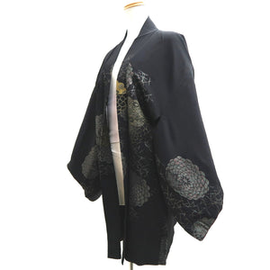 Haori Jacket Vintage(1950-1980) Black Gold Silver Chrysanthemum Silk #10098D2