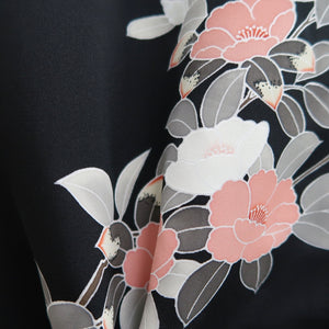 Haori Jacket Vintage(1950-1980) Black Camellia Branch Silk #10142D3