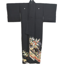 Load image into Gallery viewer, Tomesode Black Chrysanthemum Folding Fan Cherry Blossom Silk #10393F5
