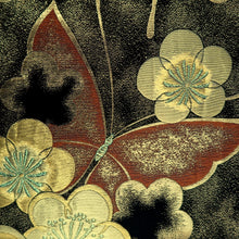 Load image into Gallery viewer, Fukuro Obi Black Gold Vermillion Butterfly Plum blossom Silk BB343W1
