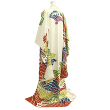 Load image into Gallery viewer, Furisode Vintage(1950-1980) White Red Blue Curling Wave Silk #10564B4
