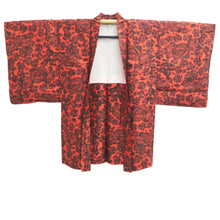 Load image into Gallery viewer, Haori Jacket Vintage(1920-1950) Vermillion Black Meisen Floral pattern Silk #11034A2
