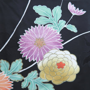 Haori Jacket Vintage(1950-1980) Black Hand painted Chrysanthemum Silk #9852B2