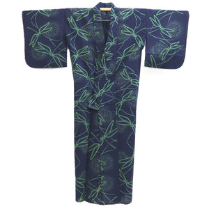 Yukata Vintage(1950-1980) Navy Dragonfly Chrysanthemum Cotton #10486B1