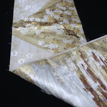 Load image into Gallery viewer, BB10066AE Silk Obi Fabric Maple Leaf Cherry Blossom White Gold 55.5x11.0in(141x28cm)
