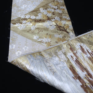 BB10066AE Silk Obi Fabric Maple Leaf Cherry Blossom White Gold 55.5x11.0in(141x28cm)