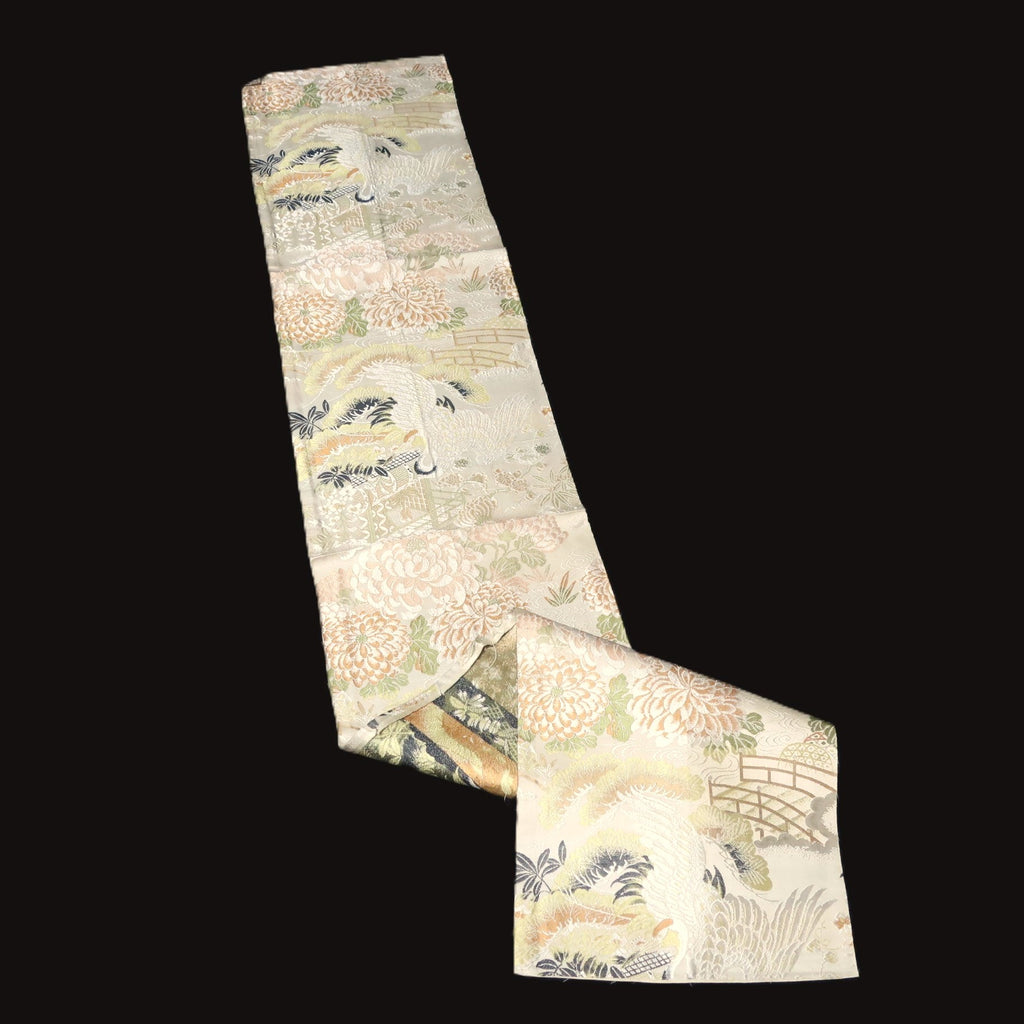 BB10037AC Silk Obi Fabric Vintage(1920-1950) Crane Birds White Green 71.3x11.4in(181x29cm)
