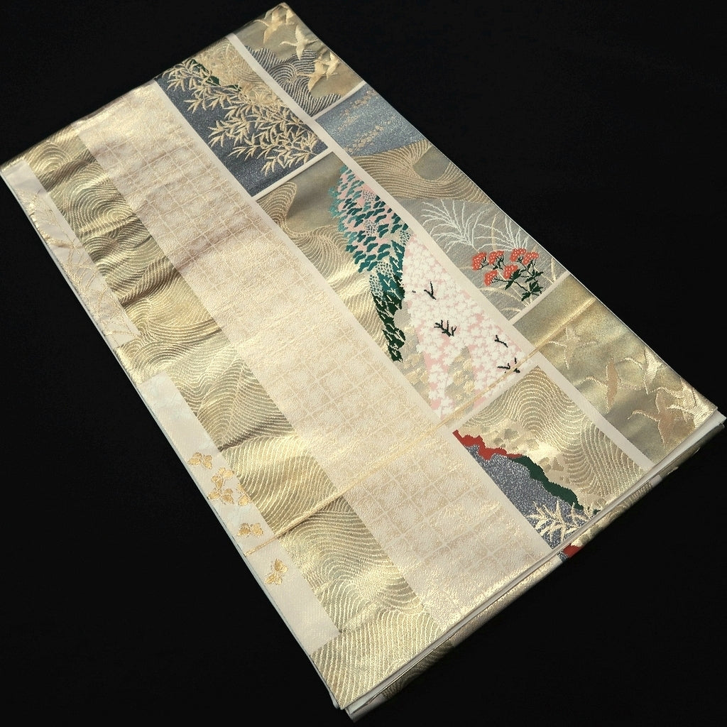 Fukuro Obi Gold White Crane Birds Butterfly Sakura Silk BB336V9