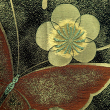 Load image into Gallery viewer, Fukuro Obi Black Gold Vermillion Butterfly Plum blossom Silk BB343W1
