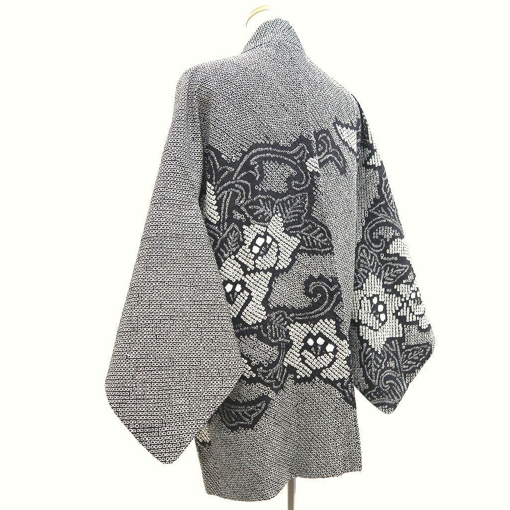 Haori Jacket Vintage(1950-1980) Black Shibori Peony Silk #9898B3