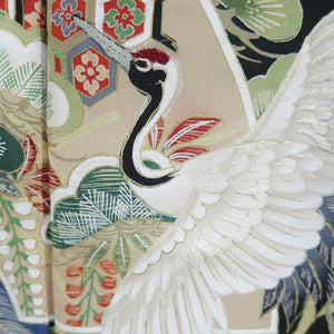 Tomesode Vintage(1920-1950) Black Hand painted Crane Birds Silk #10403A1
