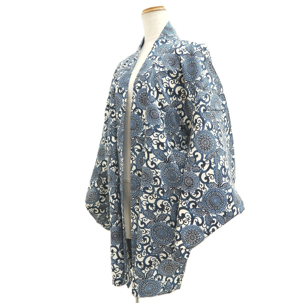 Haori Jacket Vintage(1950-1980) Blue White Karakusa Peony Silk #10614C3