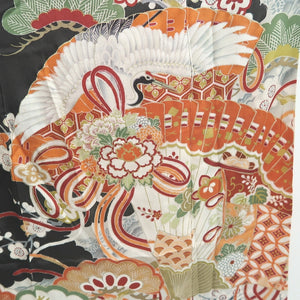 Tomesode Vintage(1920-1950) Black Crane Birds Hand painted Silk #10494B1