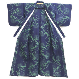 Yukata Vintage(1950-1980) Navy Dragonfly Chrysanthemum Cotton #10486B1