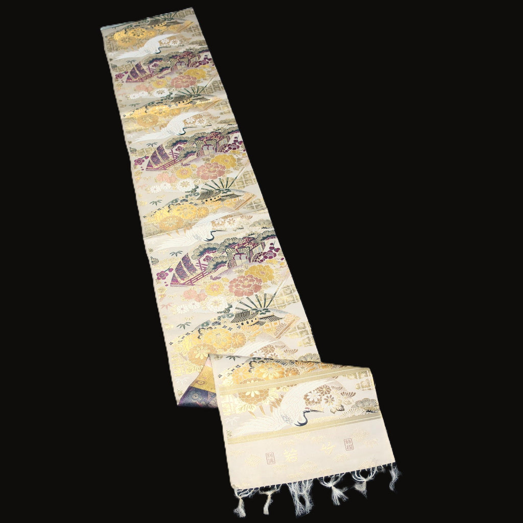 BB10047AD Silk Obi Fabric Crane Birds Gold Yellow 74.4x11.8in(189x30cm)